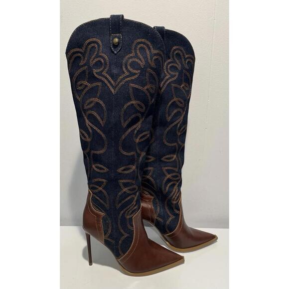 Womens Steve Madden Western Pointed Closed Toe Knee High Boots Size 7.5 Navy - Picture 1 of 8